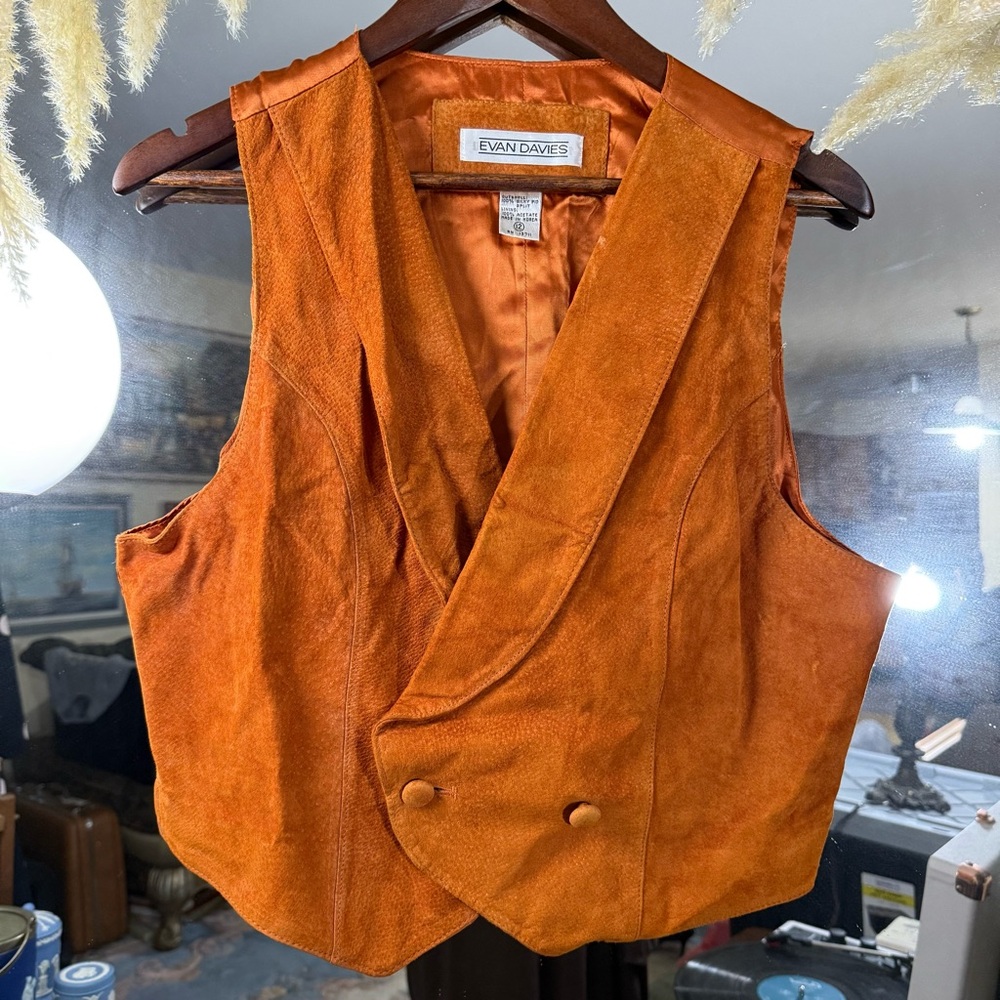 Vintage Orange Pig Suede Vest Silky Western Boho Leather Sleeveless